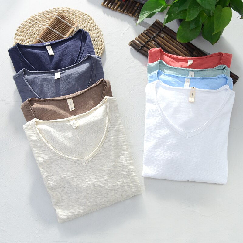 Heren V-Hals Shirt – Linnen Katoen T-Shirt met Ademende Slim Fit Pasvorm