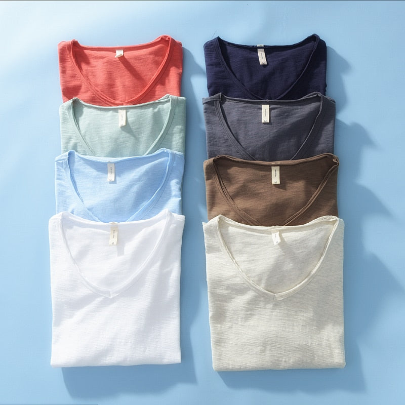 Heren V-Hals Shirt – Linnen Katoen T-Shirt met Ademende Slim Fit Pasvorm