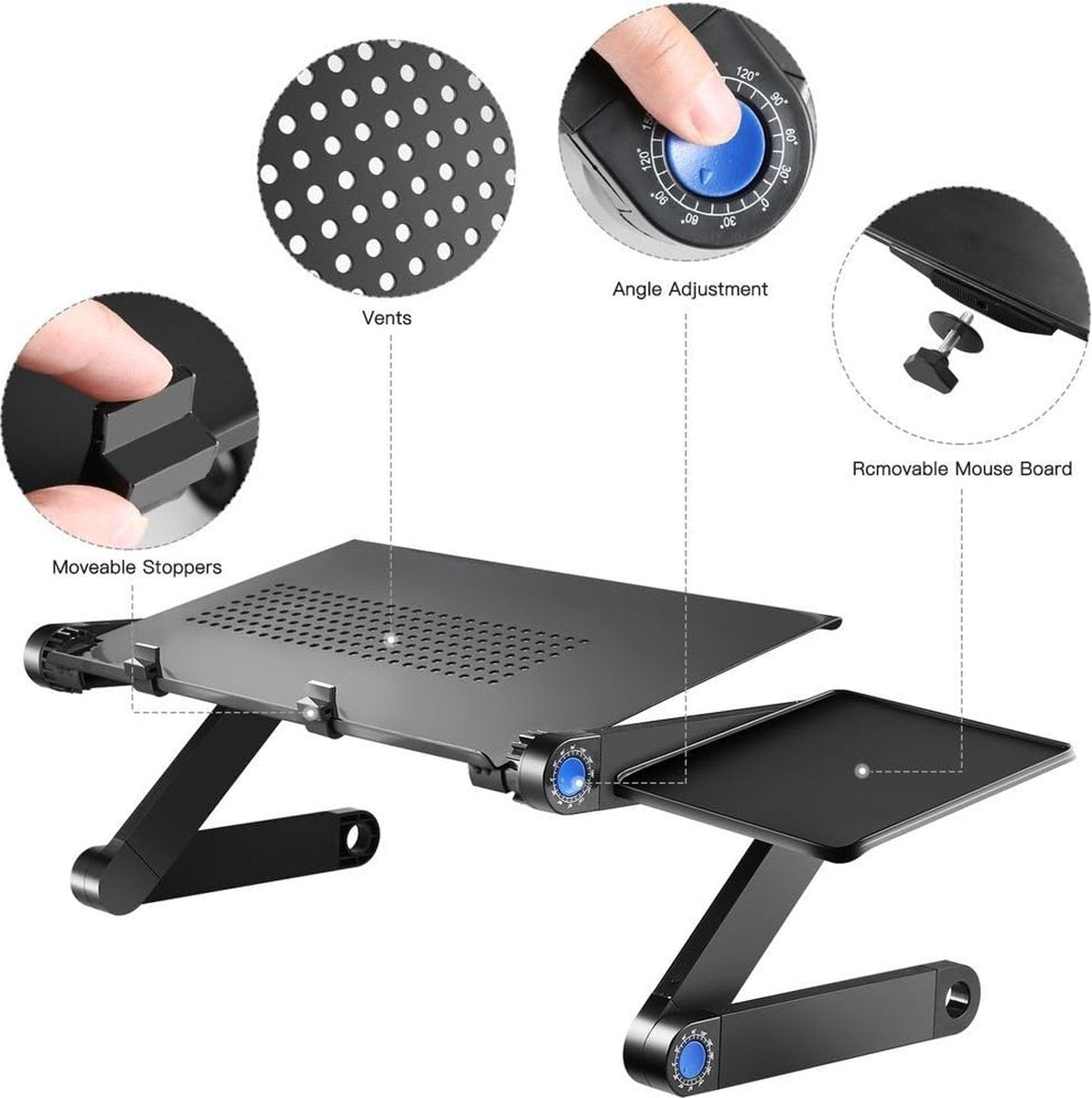 Laptoptafel voor bed, computertafel, notebooktafel, schootbureau, hoek, opklapbare bedtafel, 360 graden verstelbare hoek, afneembaar, draagbaar, boekensalontafel, compatibel met alle soorten laptops