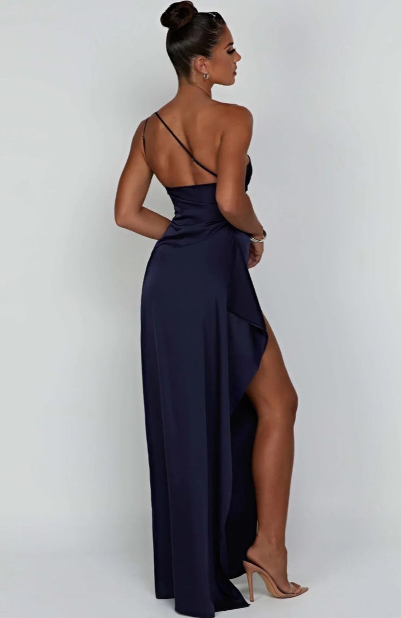 Eva | Geplooide Satijnen Dames Splitjurk met één schouder | Elegante Jurk