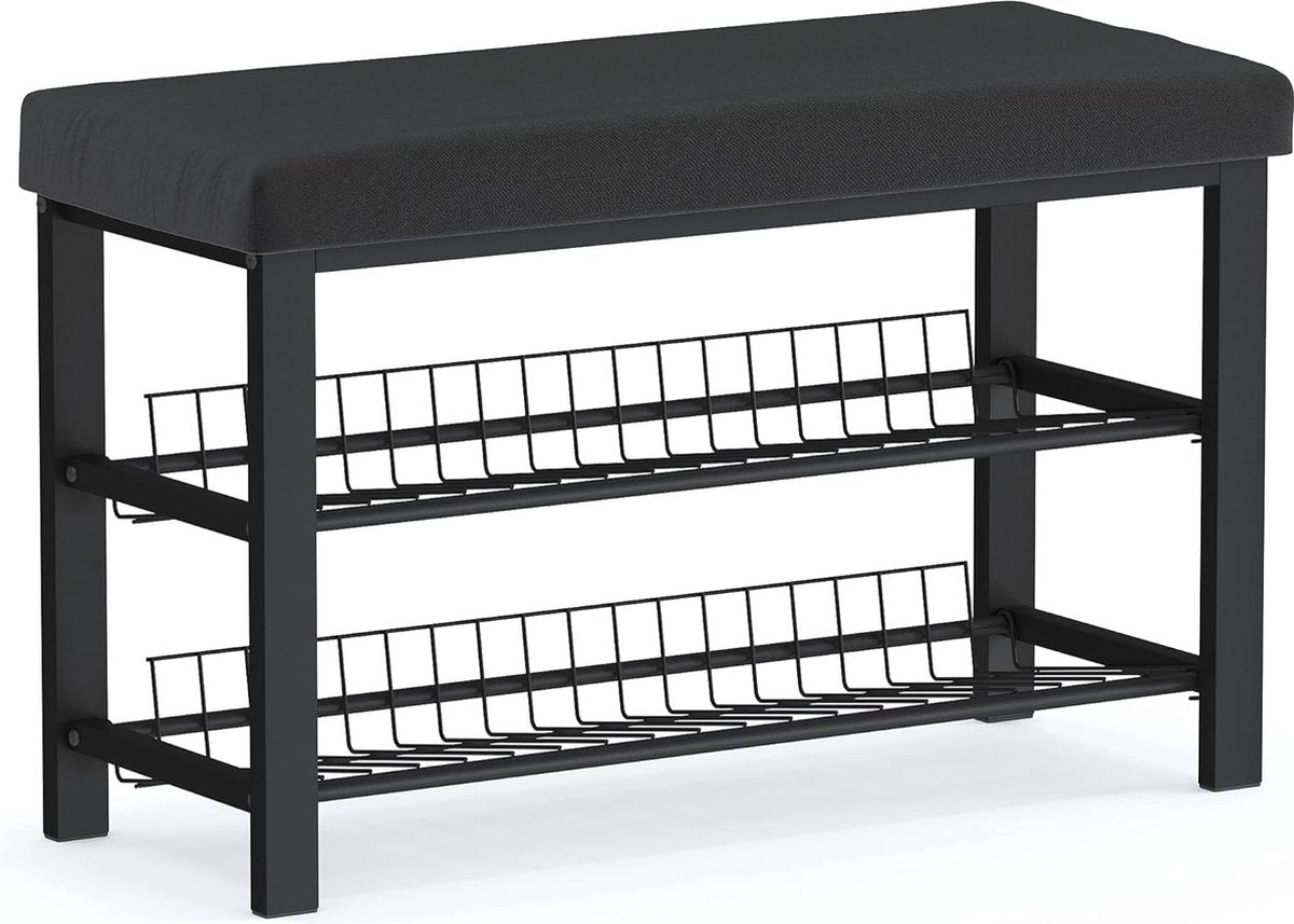 Stabiel schoenenrek met zitbank, ruimtebesparende schoenenbank met 2 roosterplanken, 81 x 50 x 32 cm, mooi gevormde schoenenkast voor hal, woon- en slaapkamer met bescherming tegen krassen op