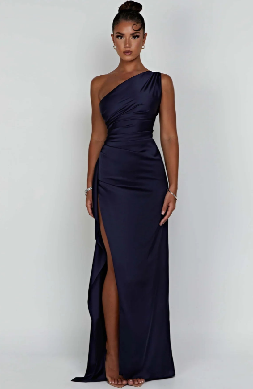 Eva | Geplooide Satijnen Dames Splitjurk met één schouder | Elegante Jurk