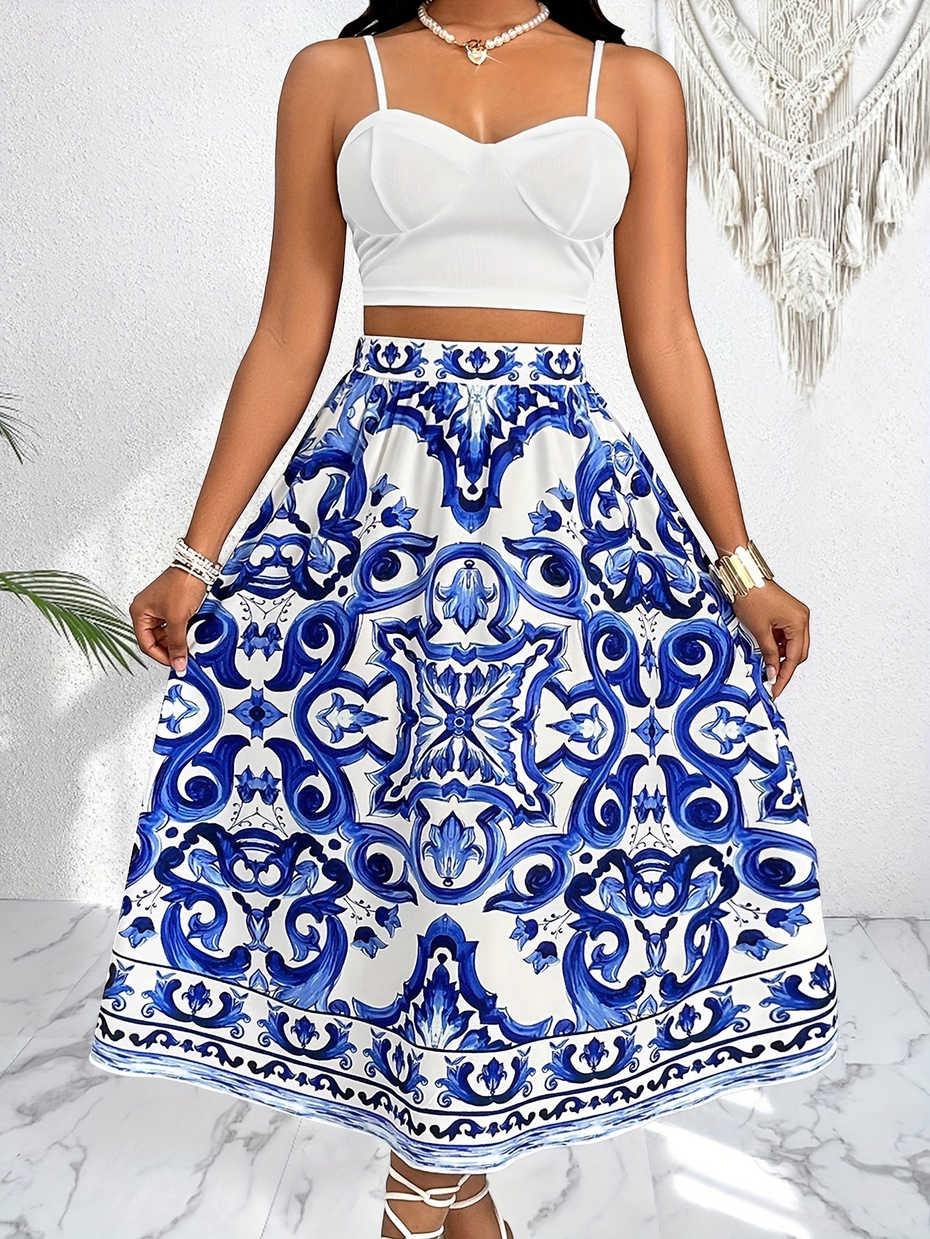Blauw en Wit Rok Set | Zomerset dames | Elegante Rok en Top Set