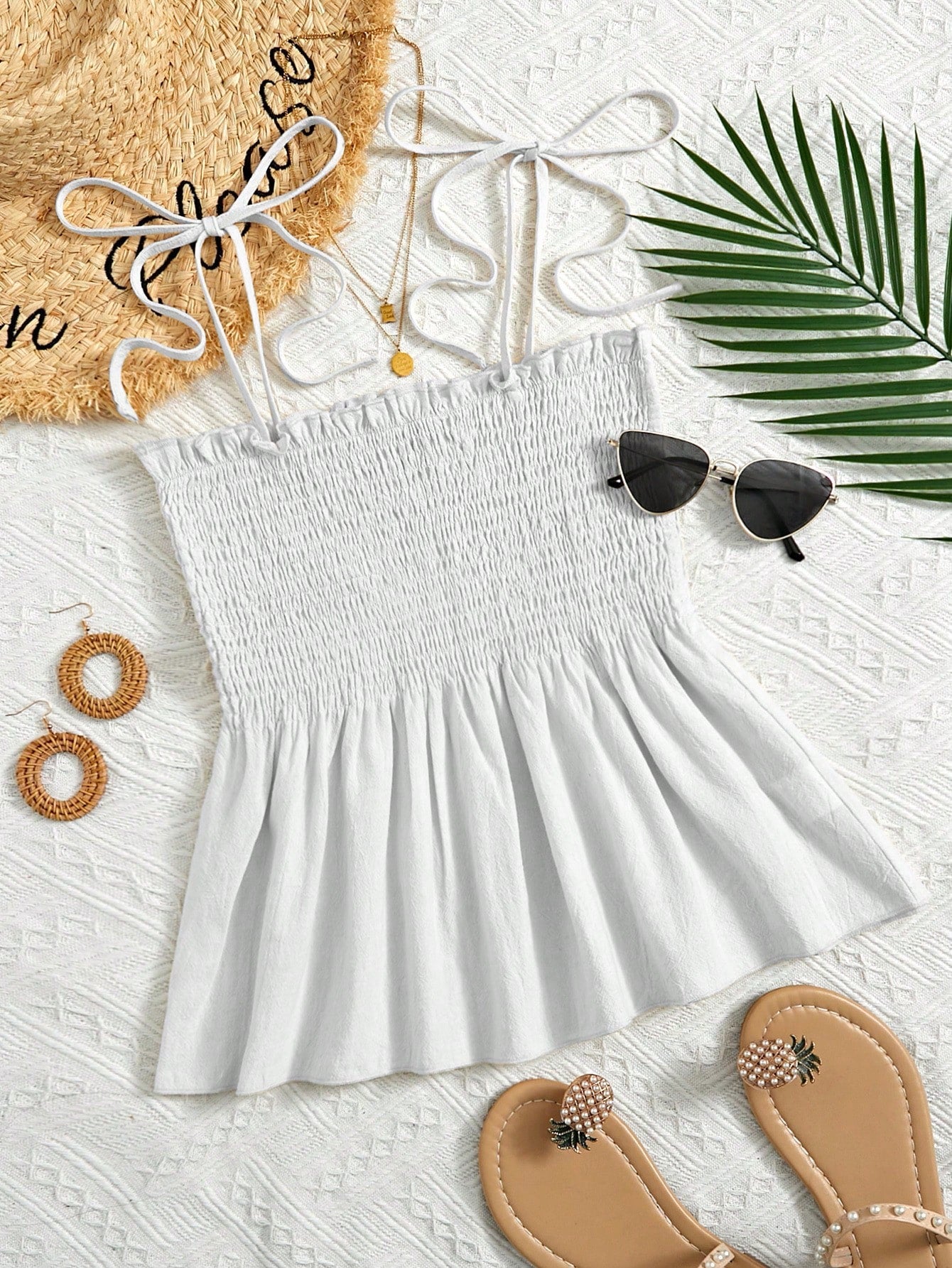 Holidaya Tanktop met Ruches en Schouderstrik | Zomertop Dames | Vrouwelijke top met ruches en geknoopte schouderbandjes