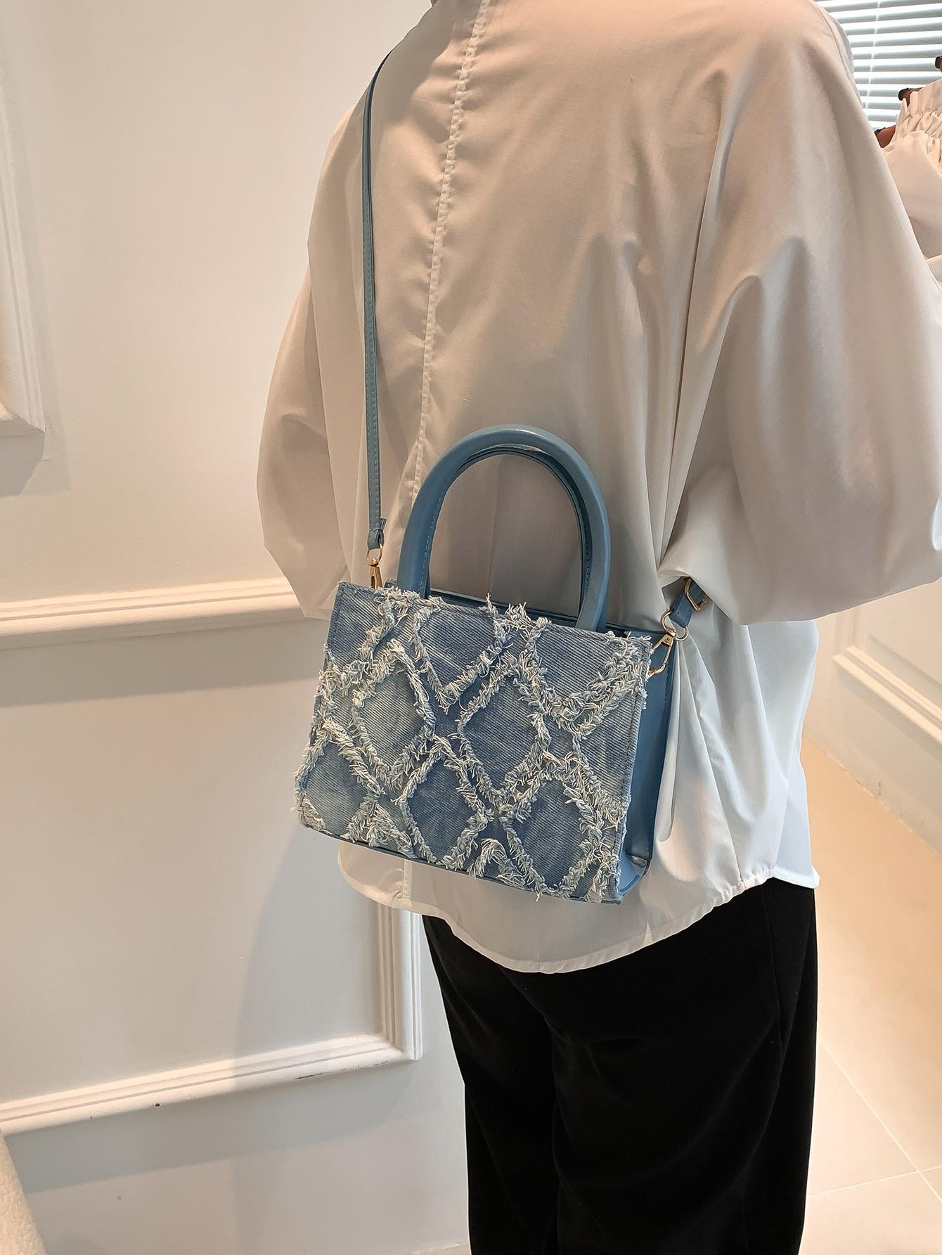 Effen Blauwe Denim Handtas | Tote Bag | Mini vierkante crossbodytas met draagriem