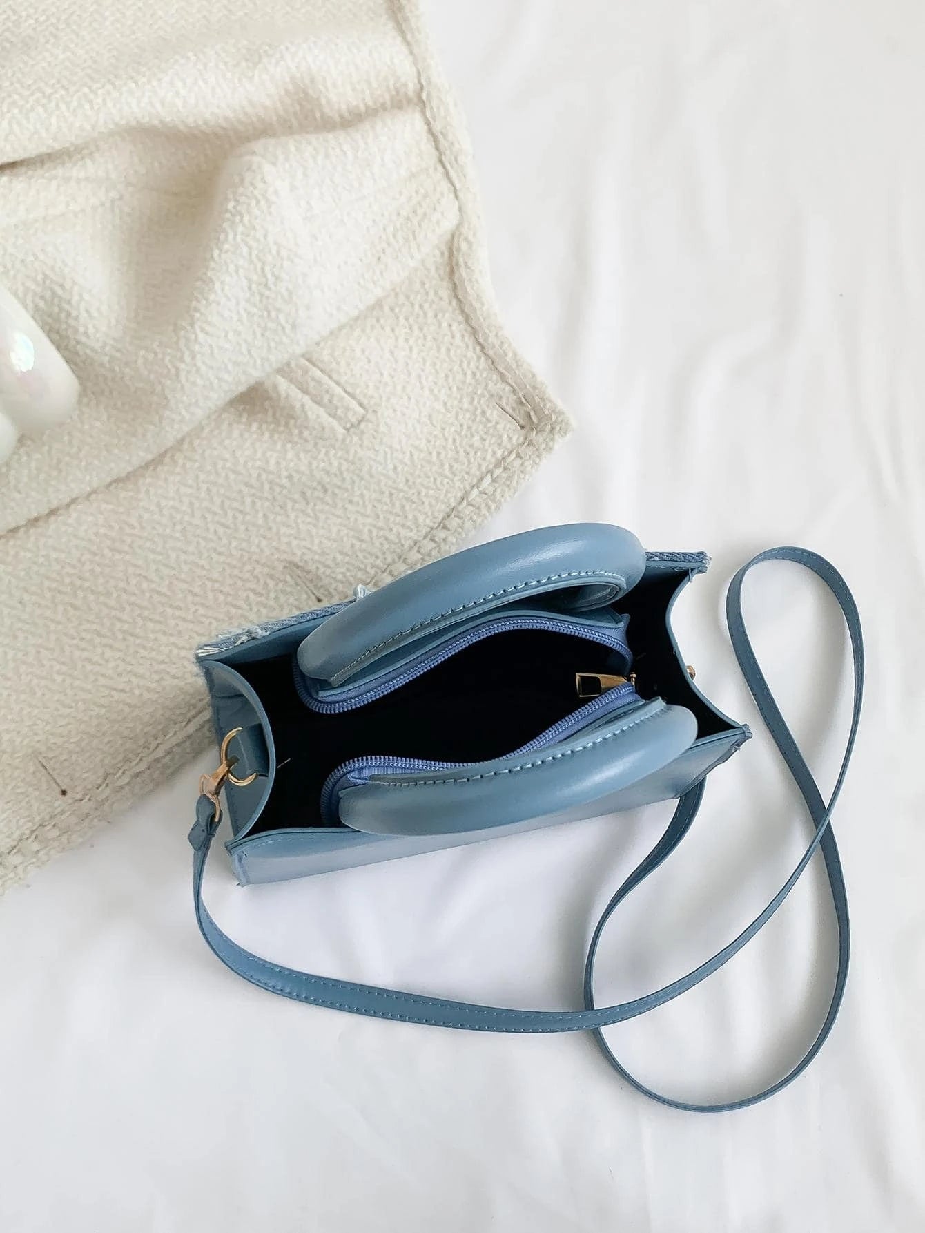 Effen Blauwe Denim Handtas | Tote Bag | Mini vierkante crossbodytas met draagriem