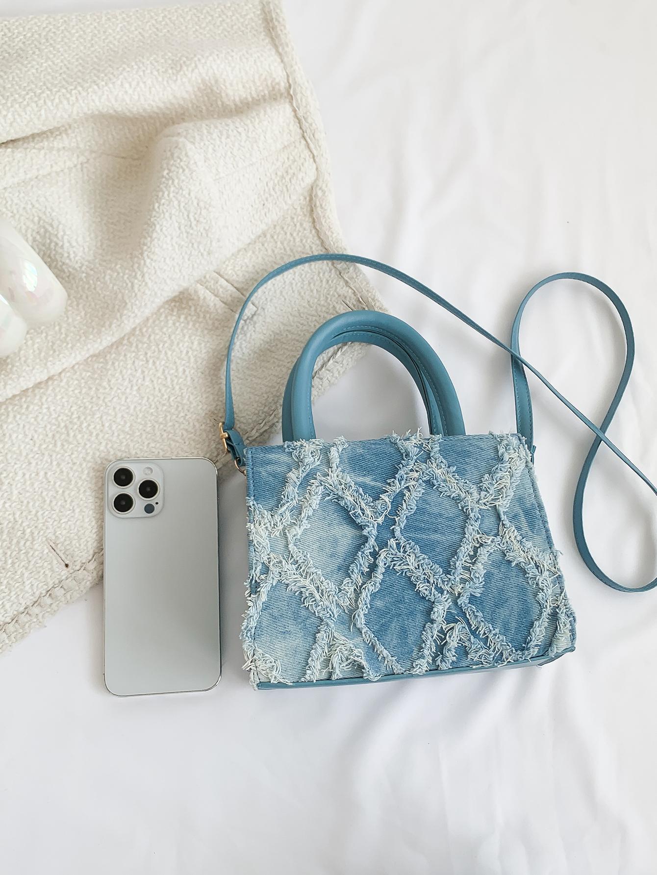 Effen Blauwe Denim Handtas | Tote Bag | Mini vierkante crossbodytas met draagriem