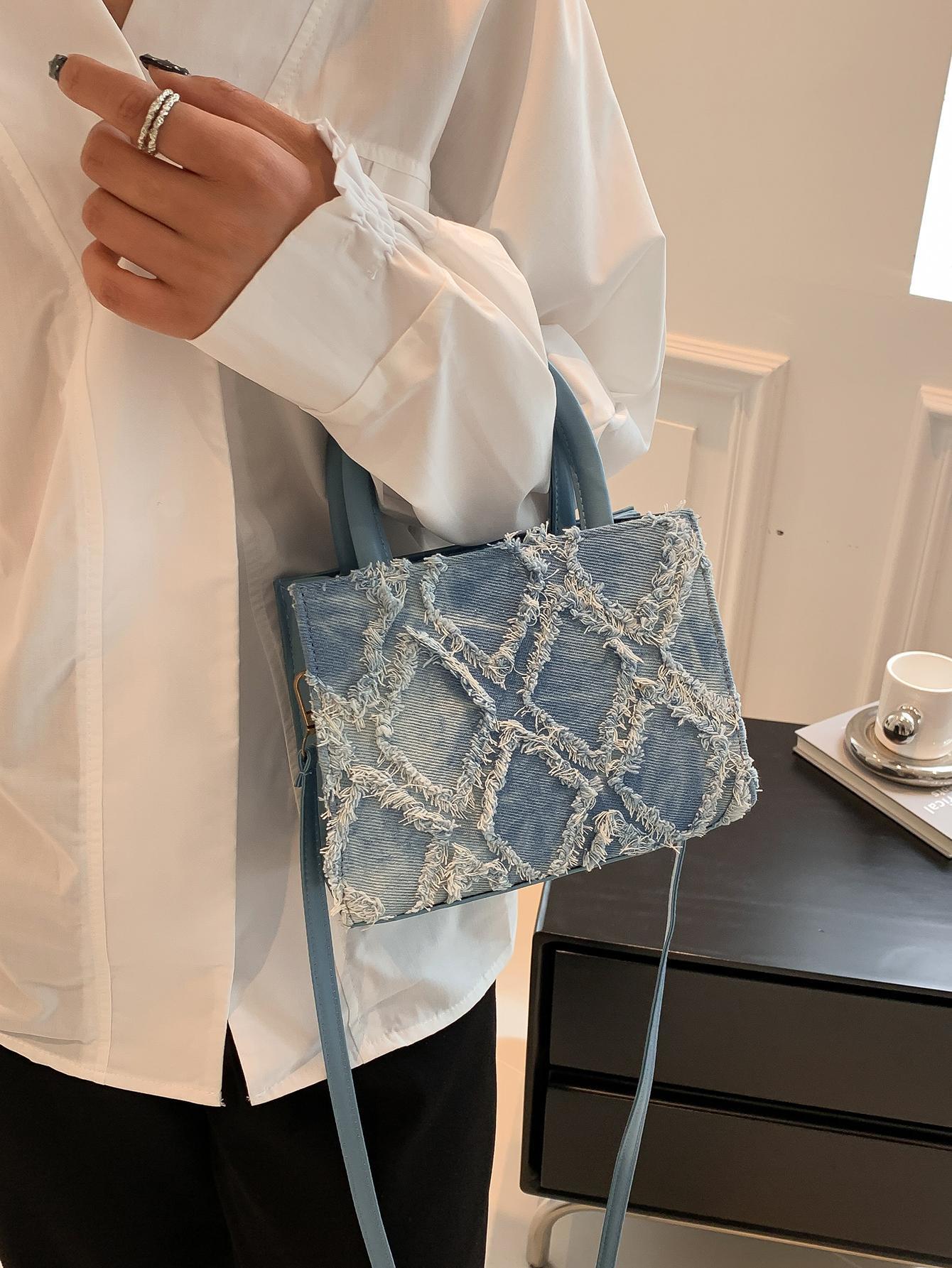 Effen Blauwe Denim Handtas | Tote Bag | Mini vierkante crossbodytas met draagriem