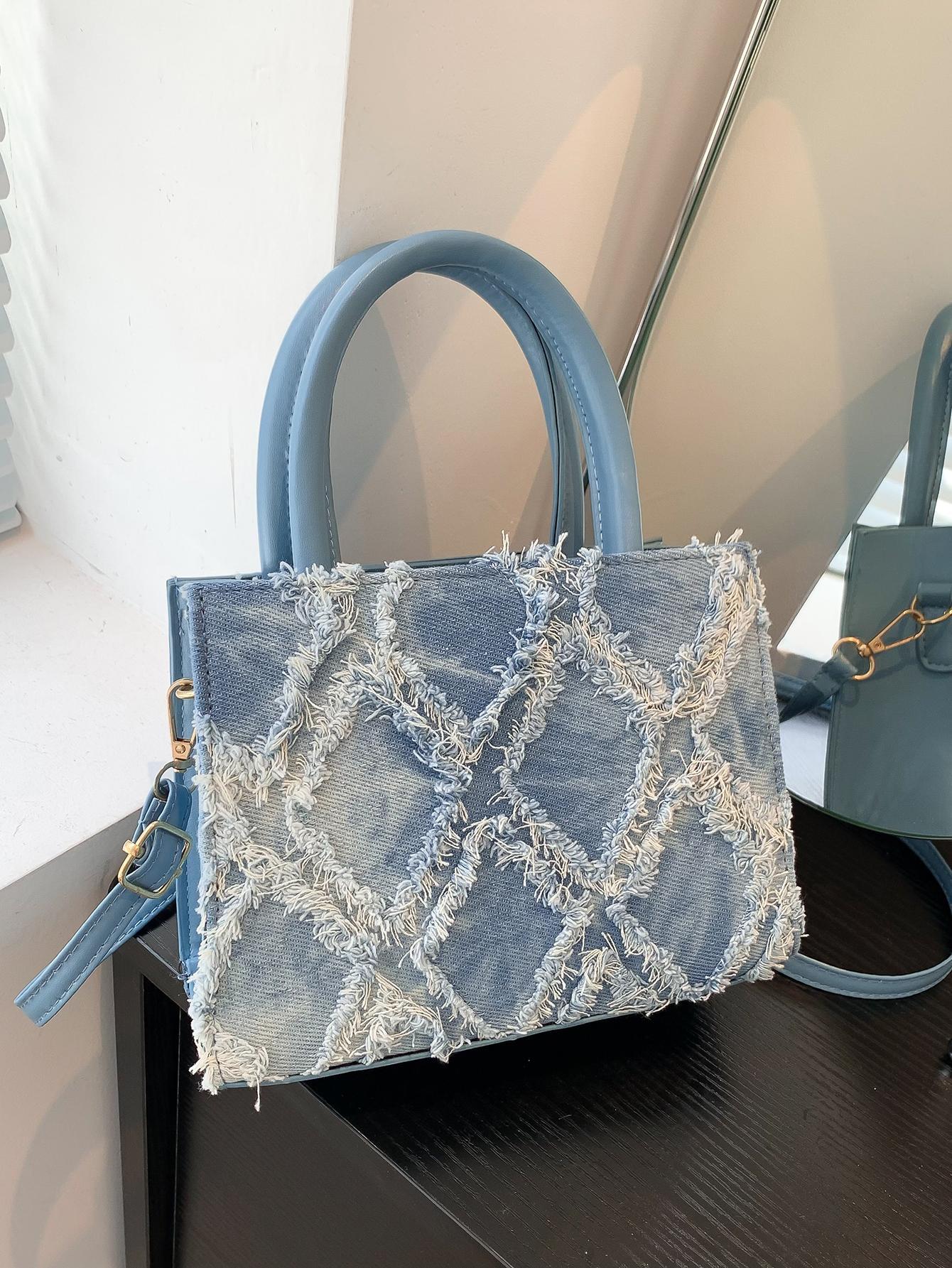 Effen Blauwe Denim Handtas | Tote Bag | Mini vierkante crossbodytas met draagriem