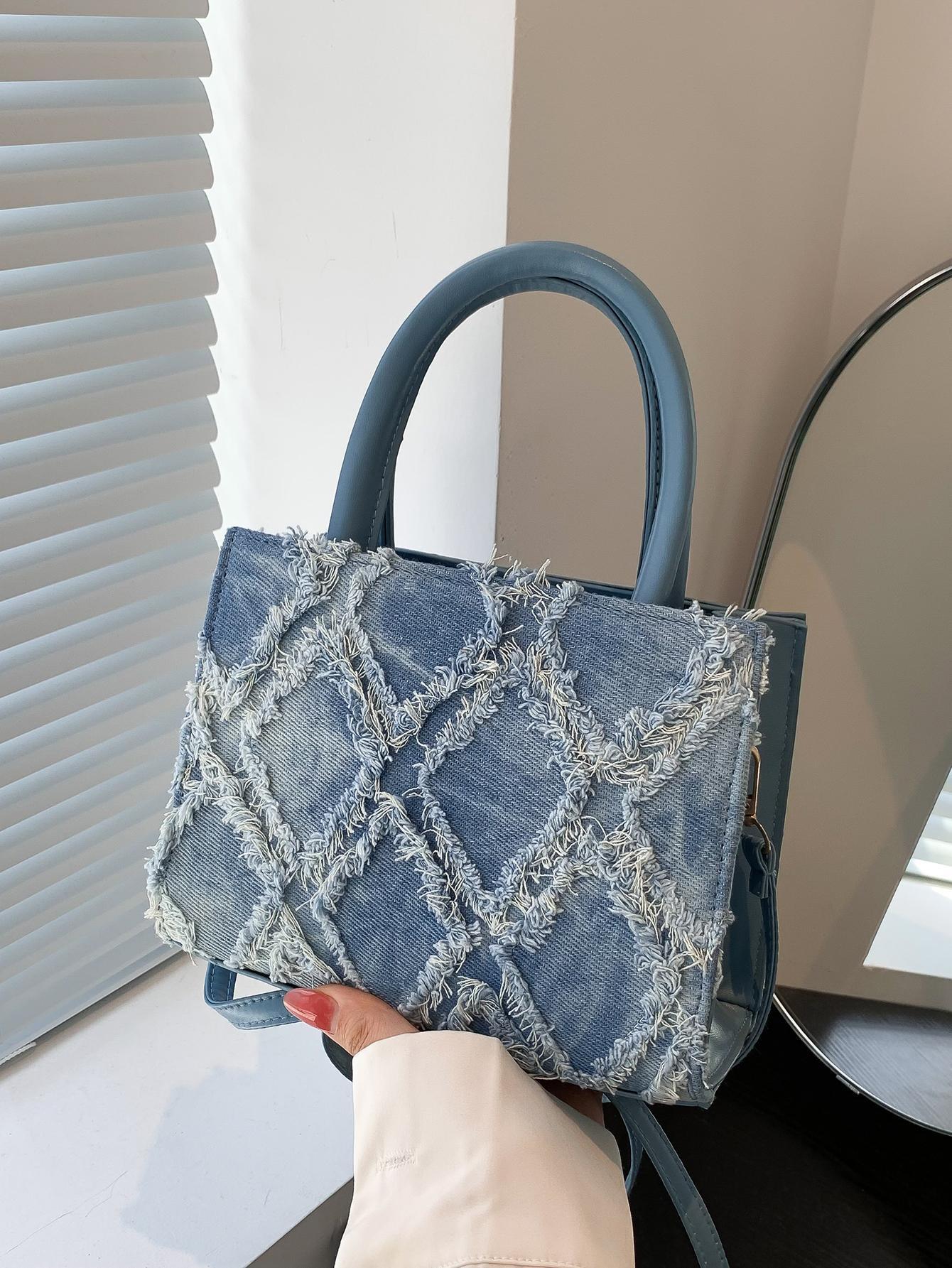 Effen Blauwe Denim Handtas | Tote Bag | Mini vierkante crossbodytas met draagriem