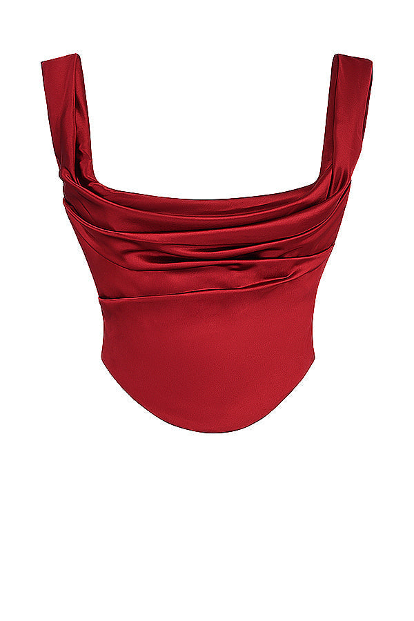 Set robijnrood korset met kanten achterkant en schuin uitgesneden satijnen maxirok