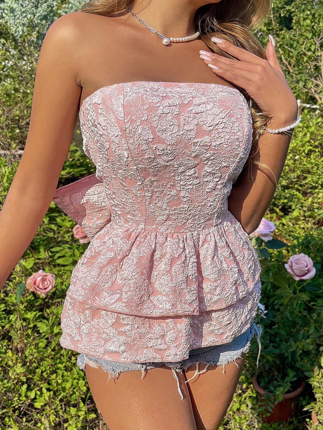 Holidaya Strapless Top met Bloemenstructuur | Strapless Top Dames | Strapless zomertop met bloemenreliëf en striksluiting