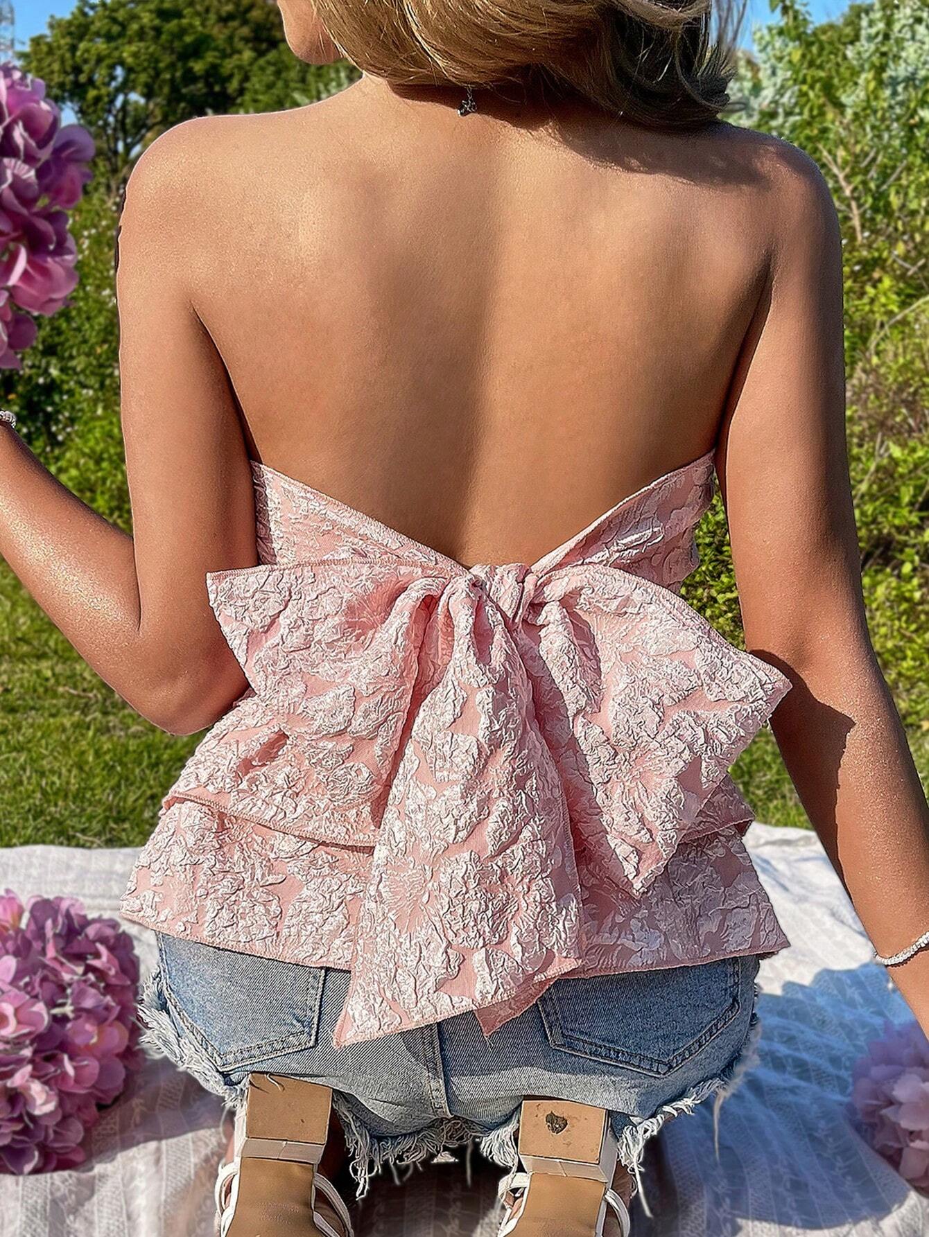 Holidaya Strapless Top met Bloemenstructuur | Strapless Top Dames | Strapless zomertop met bloemenreliëf en striksluiting