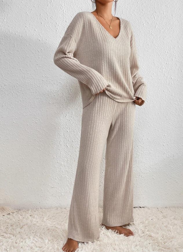 Lounara Gebreide Tweedelige Set Dames - Zachte Trui met Bijpassende Broek en Elastische Taille - Warme Loungewear Set voor Thuis in 7 Kleuren