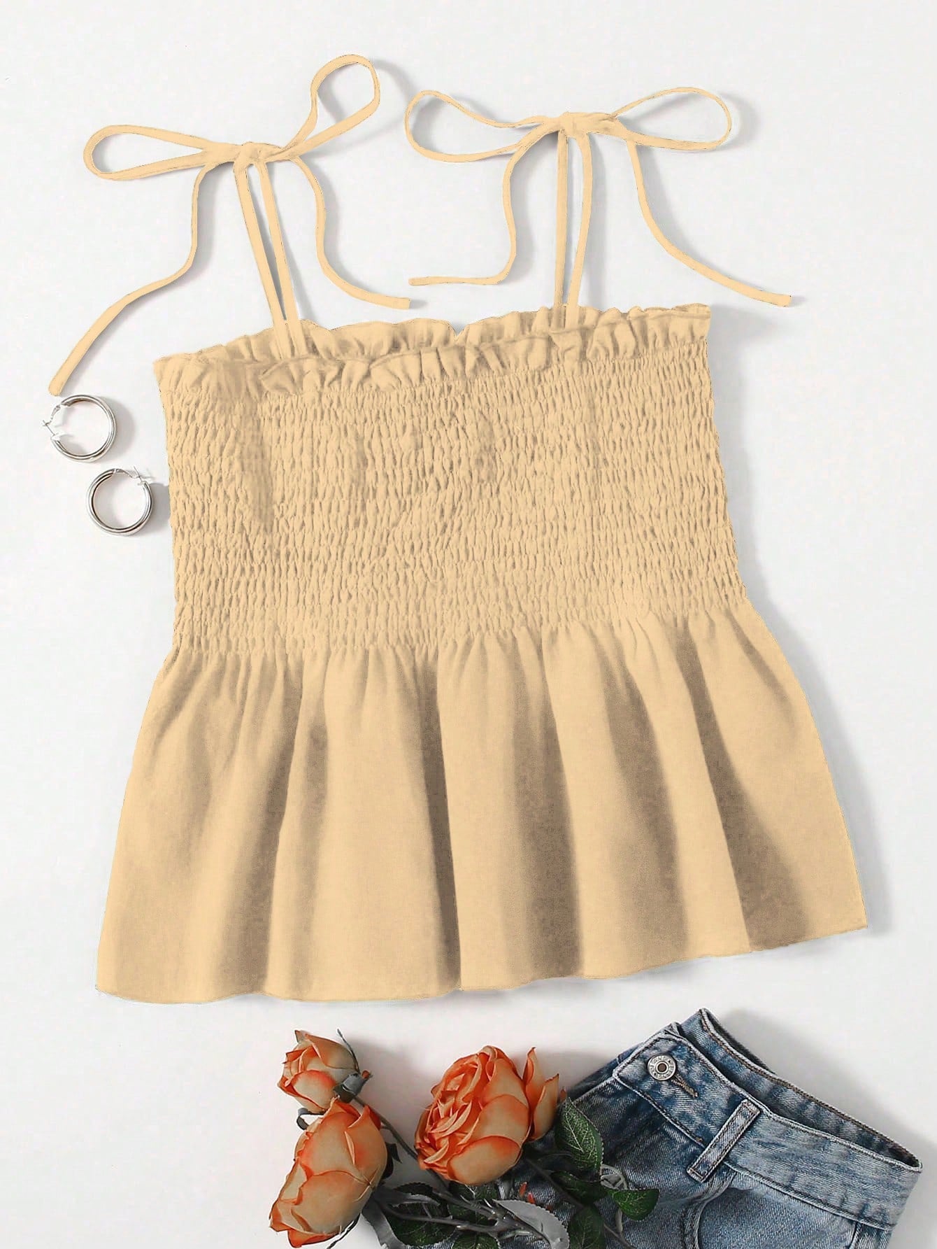 Holidaya Tanktop met Ruches en Schouderstrik | Zomertop Dames | Vrouwelijke top met ruches en geknoopte schouderbandjes