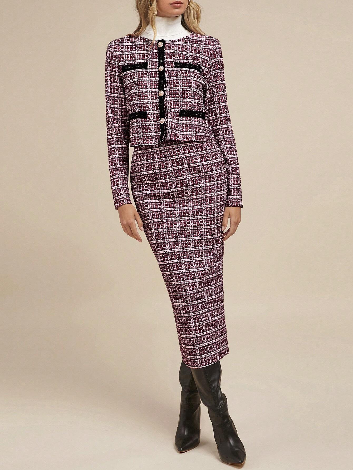 Chique Tweed Rokpak | Damespakken | Elegante Kantooroutfit met Tweed