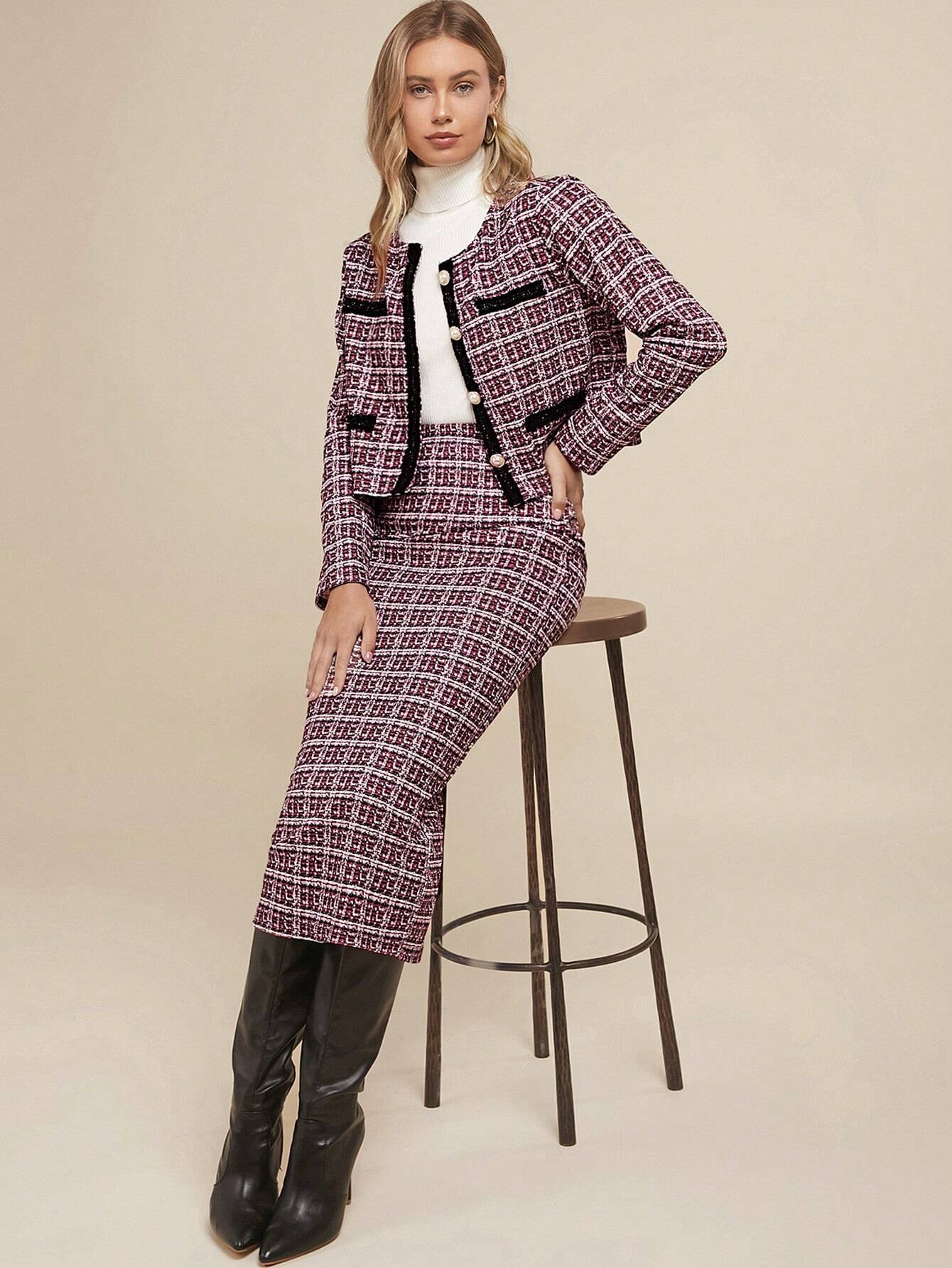 Chique Tweed Rokpak | Damespakken | Elegante Kantooroutfit met Tweed