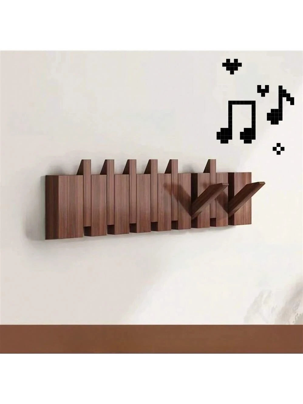 Rustieke houten kapstok in pianotoets-design | Kapstok | Opvouwbare wandplank met haken voor hal of gang