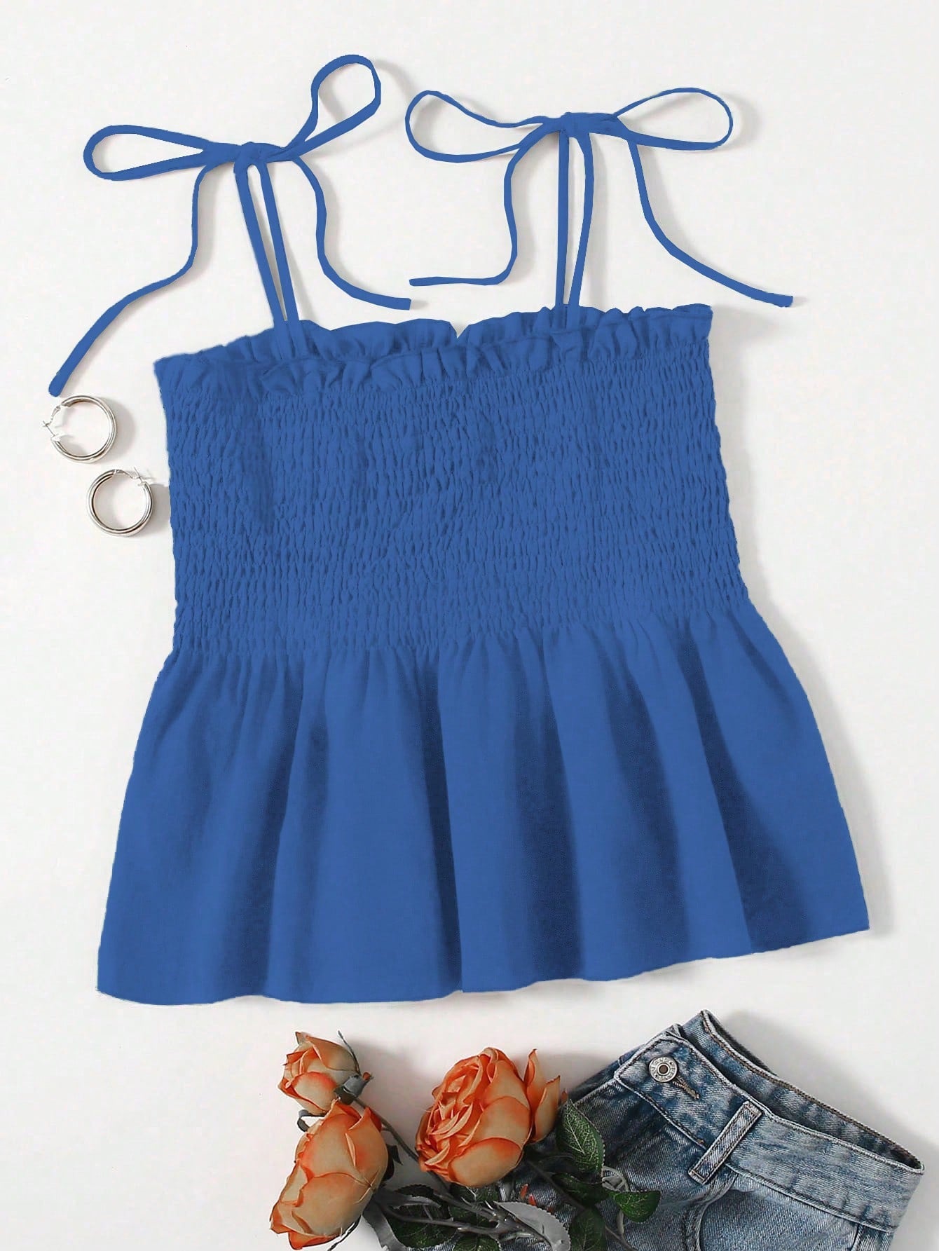 Holidaya Tanktop met Ruches en Schouderstrik | Zomertop Dames | Vrouwelijke top met ruches en geknoopte schouderbandjes