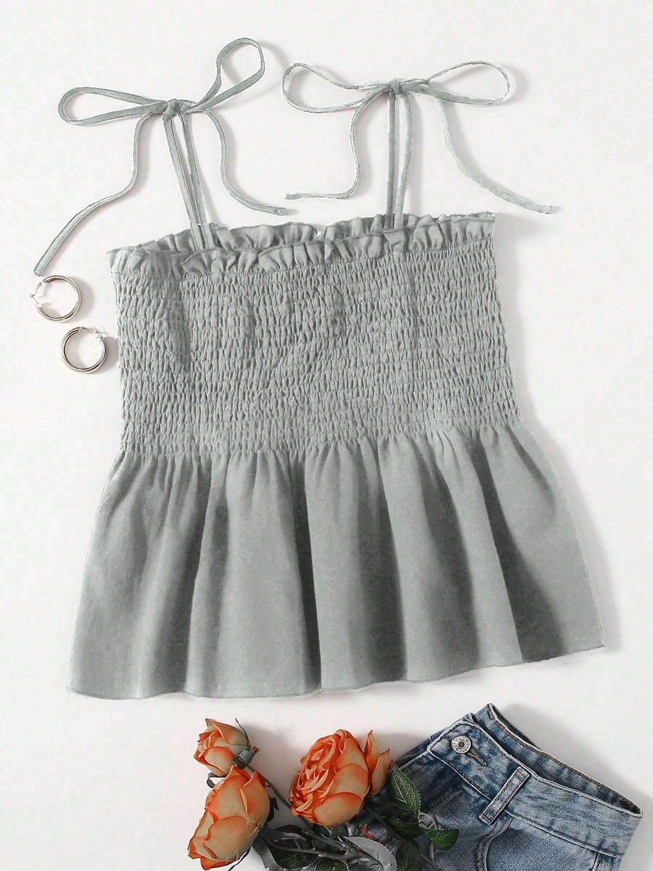 Holidaya Tanktop met Ruches en Schouderstrik | Zomertop Dames | Vrouwelijke top met ruches en geknoopte schouderbandjes