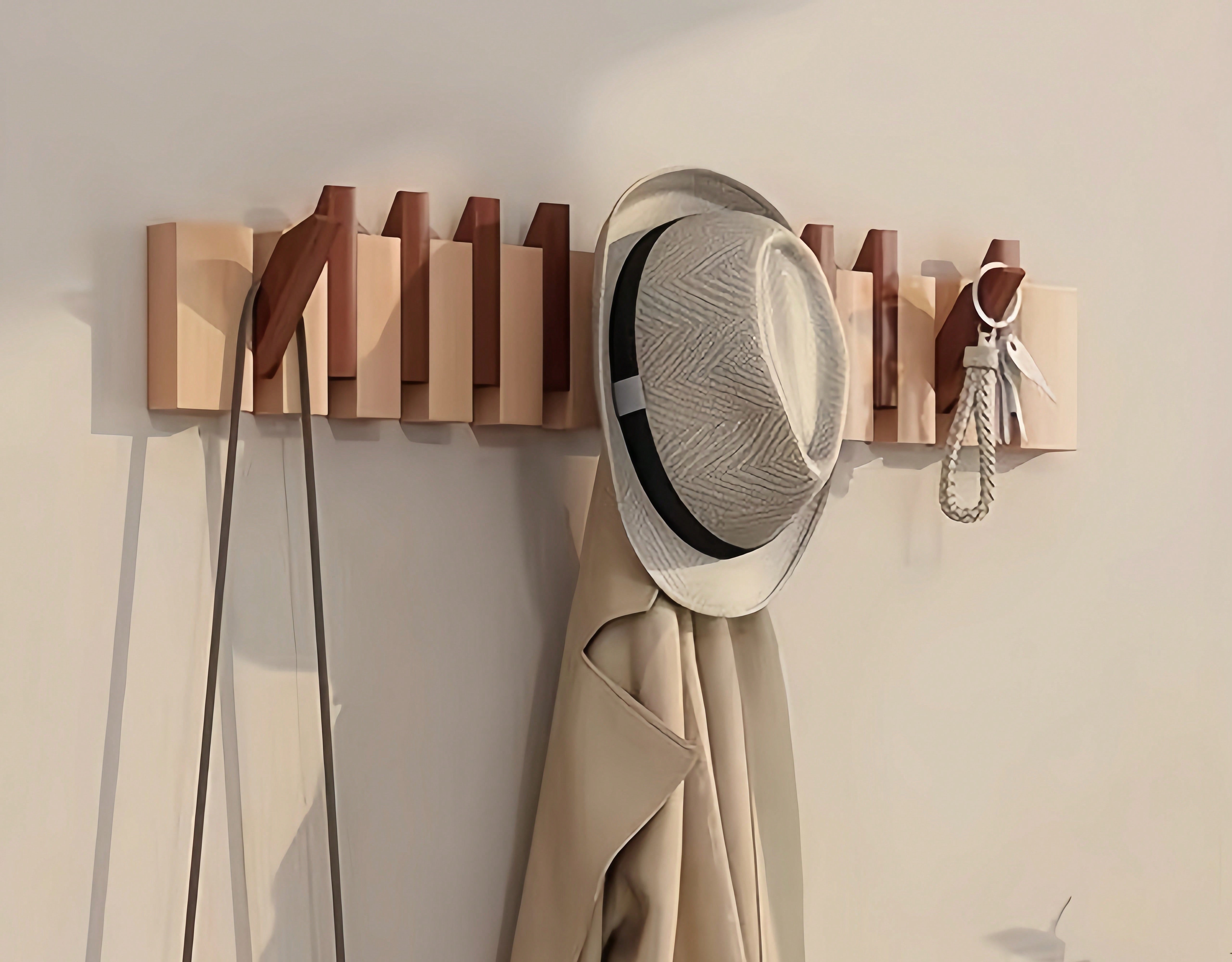 Rustieke houten kapstok in pianotoets-design | Kapstok | Opvouwbare wandplank met haken voor hal of gang