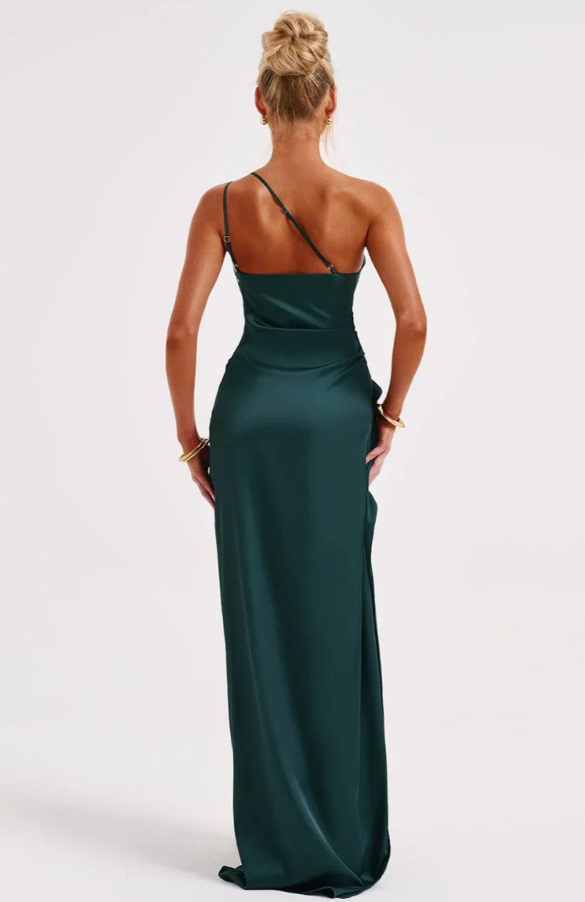 Eva | Geplooide Satijnen Dames Splitjurk met één schouder | Elegante Jurk