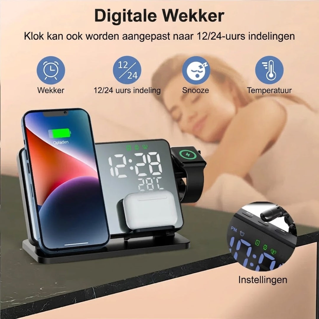 3-in-1 Draadloze Oplader - Snellaadstation met Wekker