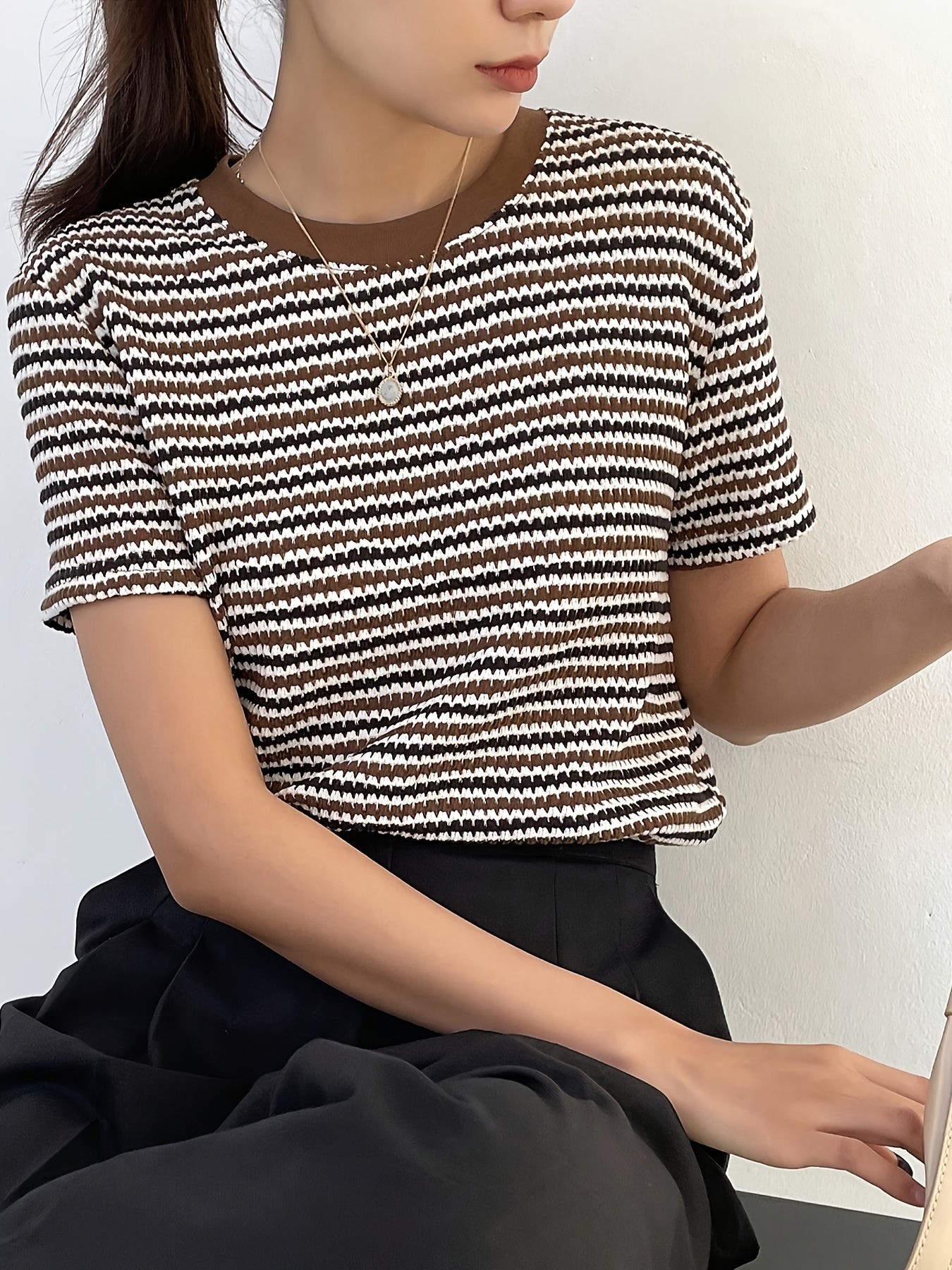 Casual Gewatteerde Dames Blouse | Beige Geometrisch - Met Rits en Ronde Hals