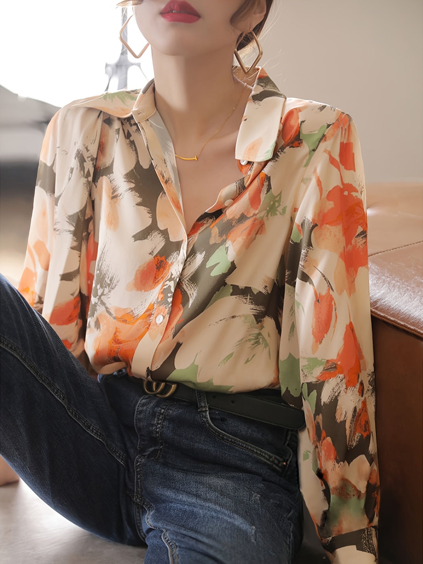 Chic Floral Ink Print Dames Blouse | Duurzaam - Must-Have - Stijlvol & Comfortabel - Lente/Zomer/Herfst