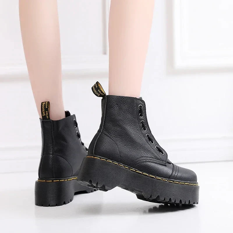 Liora Dames Laarzen met Platformzool en Rits - Enkellaarzen van Echt Leer met Dempende Zool - Stoere Plateau Boots voor Dames, Maat 35 tot 43
