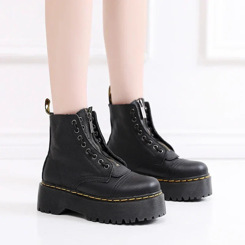 Liora Dames Laarzen met Platformzool en Rits - Enkellaarzen van Echt Leer met Dempende Zool - Stoere Plateau Boots voor Dames, Maat 35 tot 43