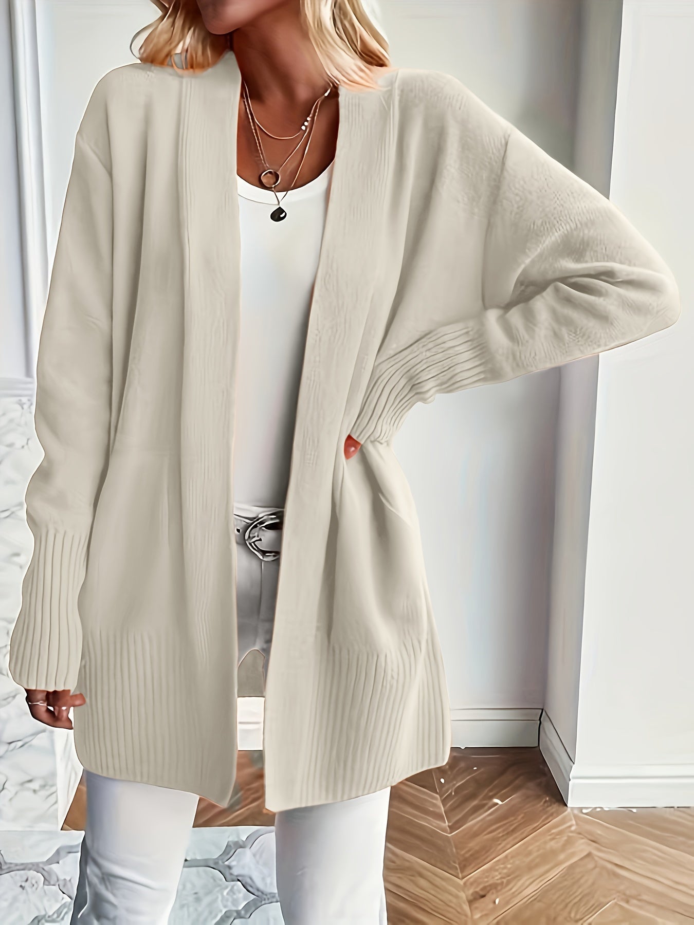 Knitted Cardigan - Beige - Open Front - Ideal for Layered Outfits