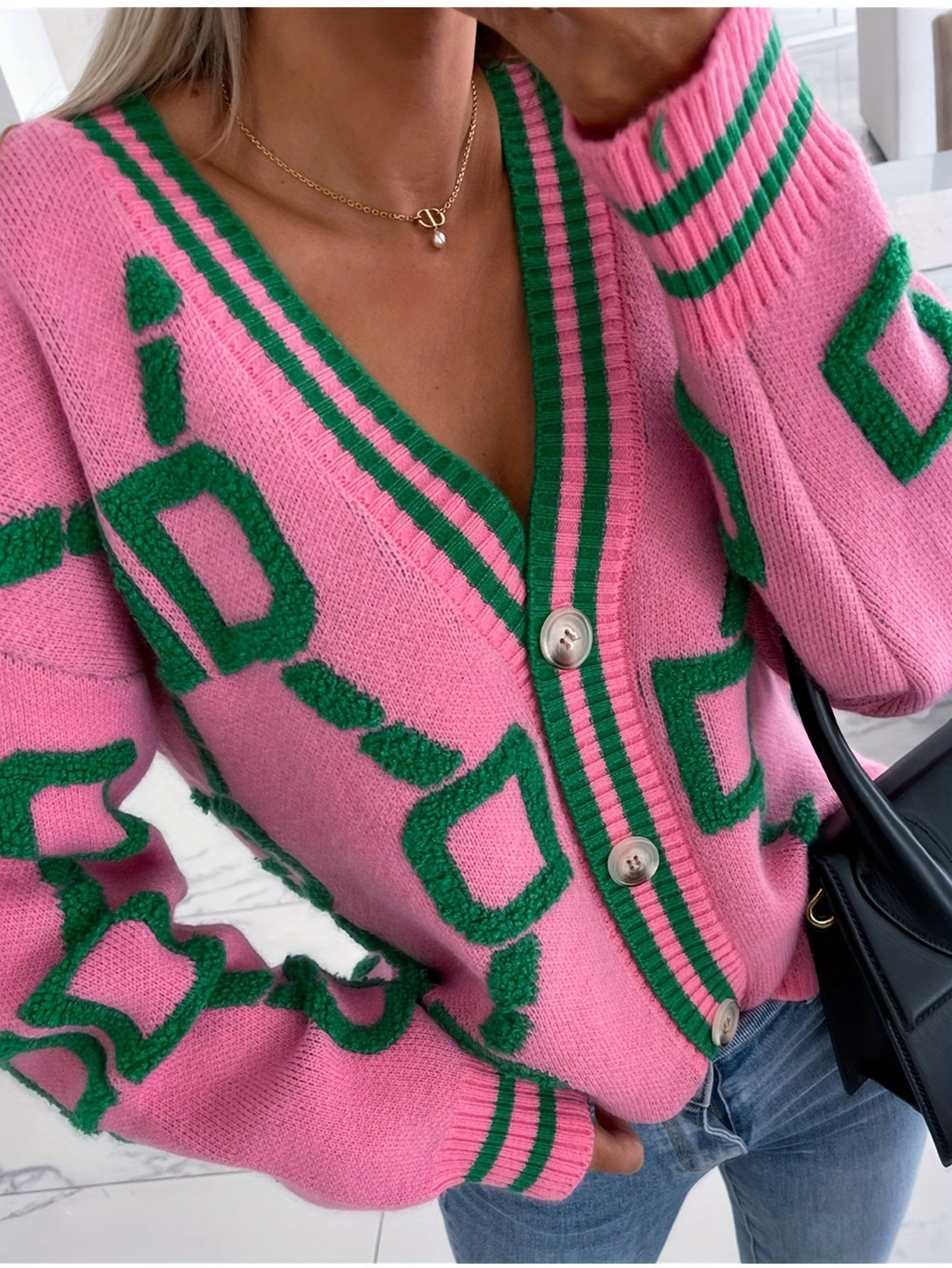 Gebreide Cardigan met Kleurblokken | V-hals Knoopsluiting Cardigan - Casual - Herfst & Winter, Damestrui