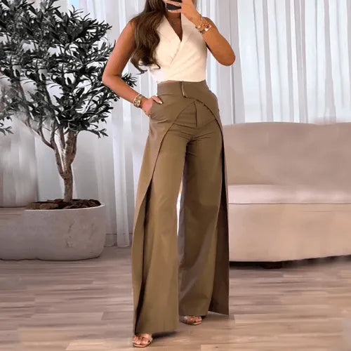 Marlene broek, wijde pijpen, hoge taille, elastische tailleband Marlene broek, wijde pijpen, hoge taille, elastische tailleband