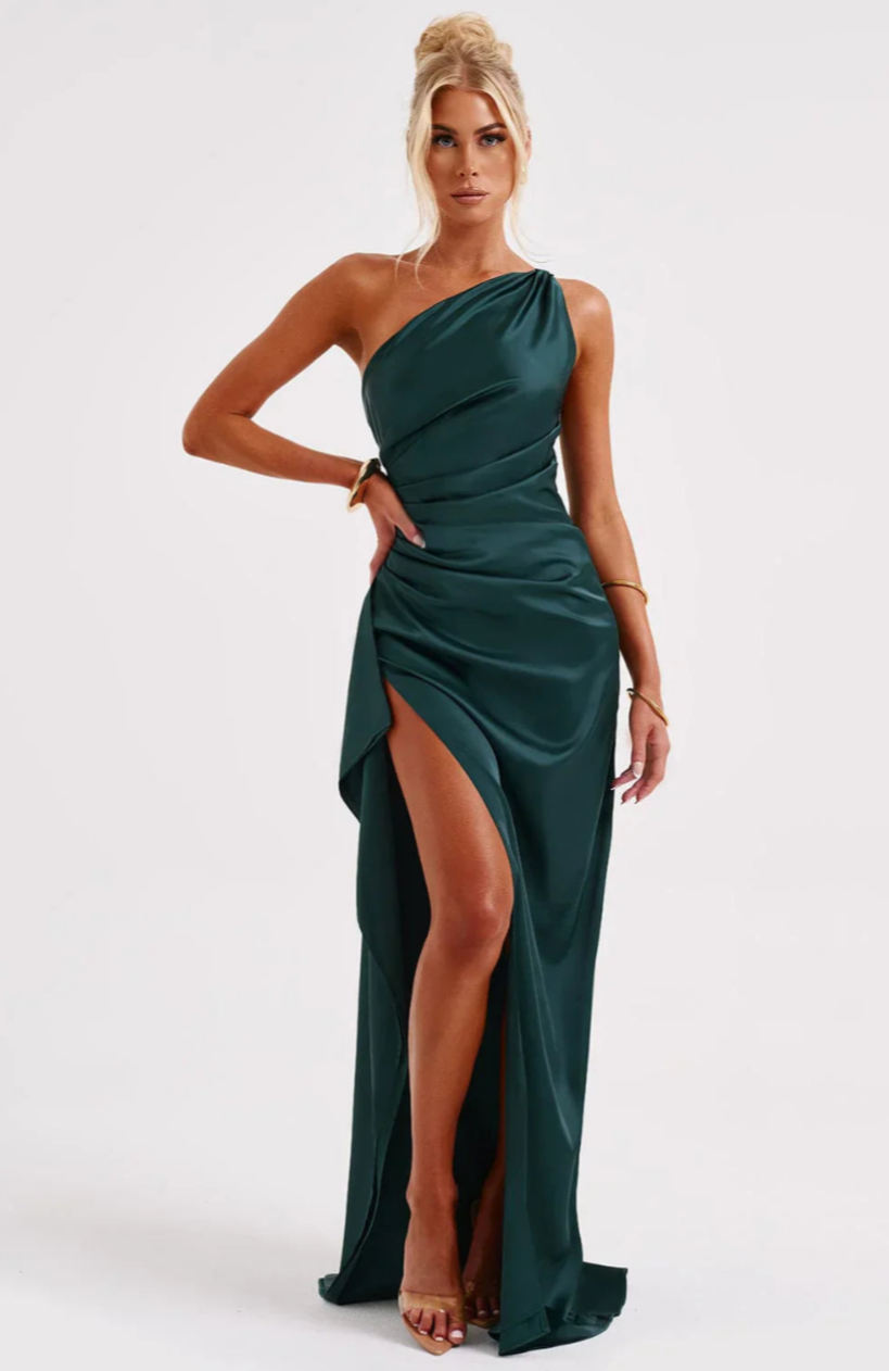Eva | Geplooide Satijnen Dames Splitjurk met één schouder | Elegante Jurk