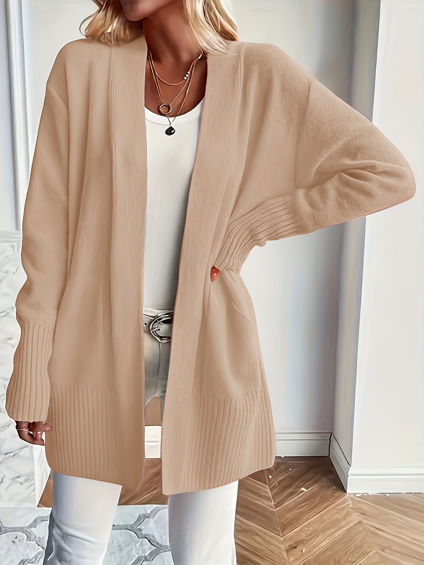 Knitted Cardigan - Beige - Open Front - Ideal for Layered Outfits