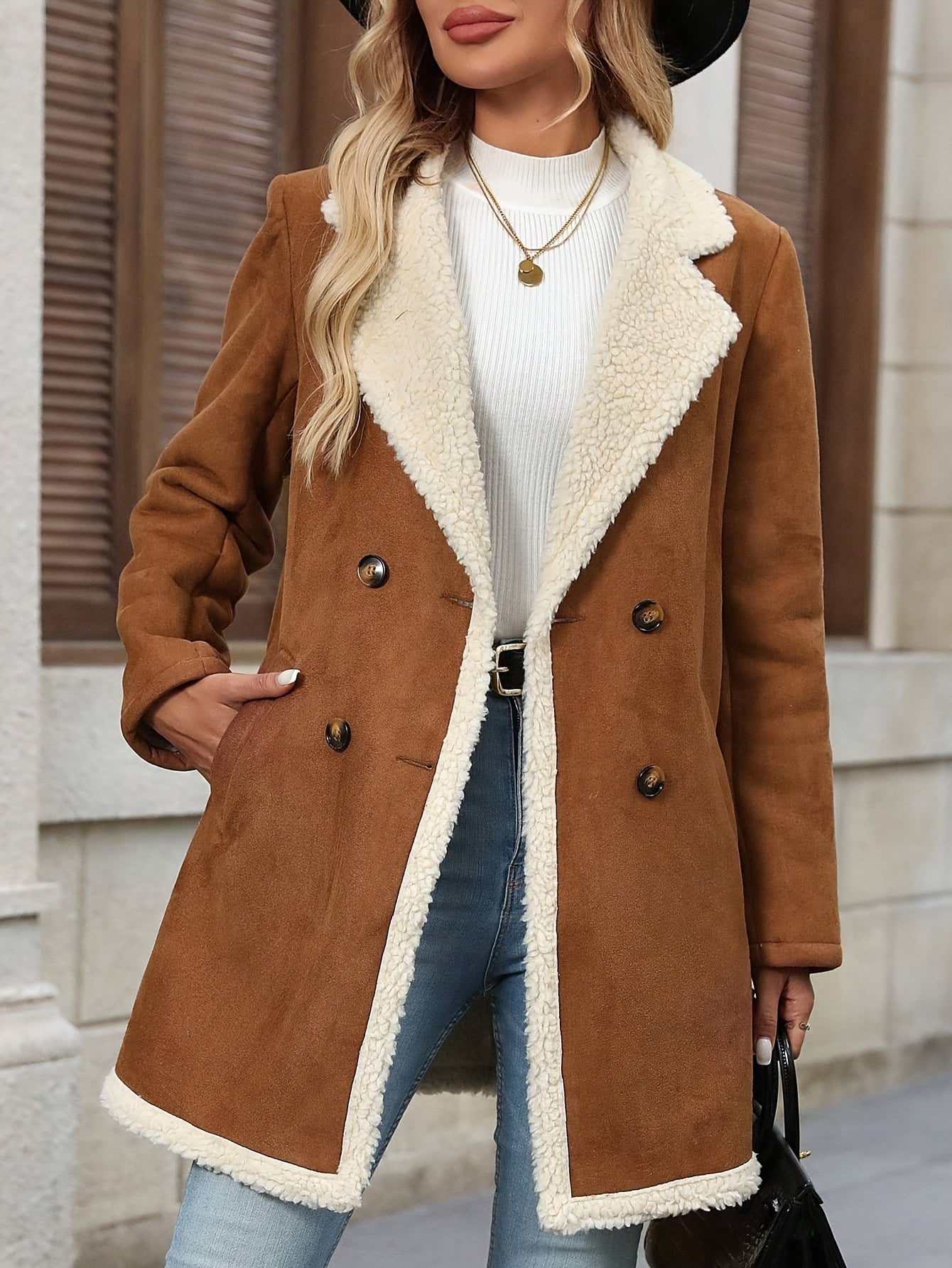Visconte | Dames Lange Mantel | Wolblend double-breasted coat, contrastdetails, elegante warme winterjas