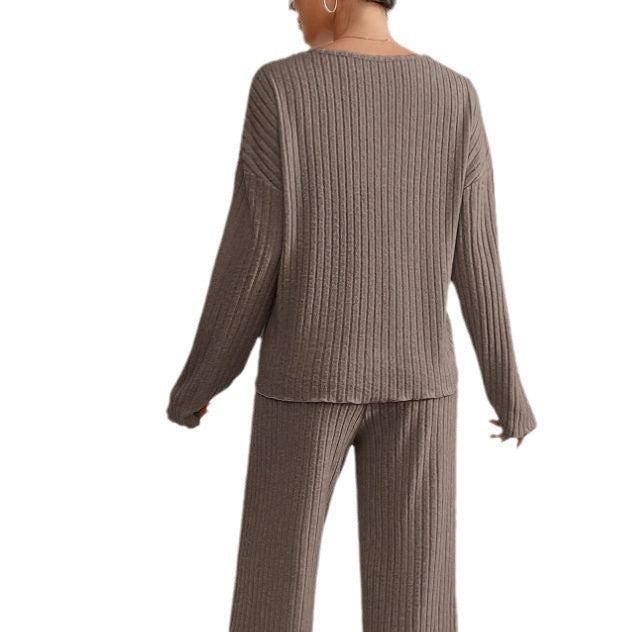 Lounara Gebreide Tweedelige Set Dames - Zachte Trui met Bijpassende Broek en Elastische Taille - Warme Loungewear Set voor Thuis in 7 Kleuren