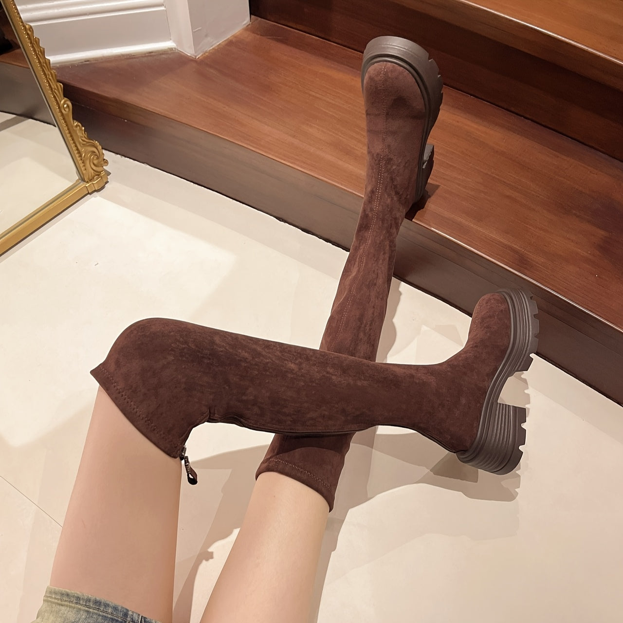 Over-the-Knee Laarzen - Hoge Hak, Ronde Neus, All-Season Comfort