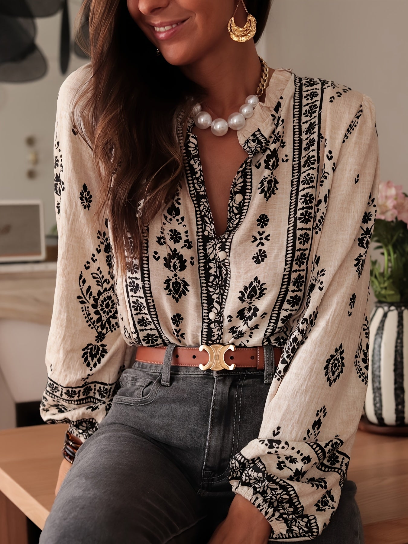 Beige printed Dames Blouse | Duurzaam - Must-Have - Stijlvol & Comfortabel - Lente/Zomer/Herfst