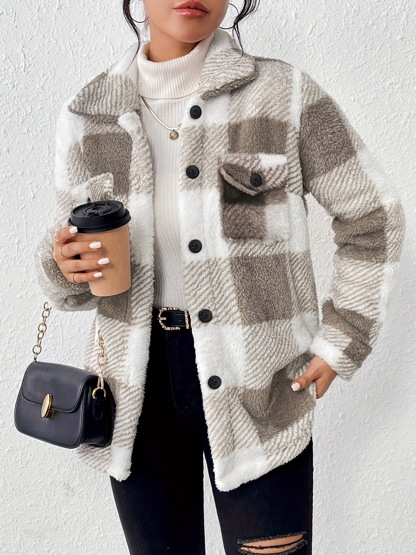 Visconte Dames Winterjas – Checkered Plush Coat met Hoge Elasticiteit, Machine-Wasbaar, Warme Jas voor Herfst & Winter