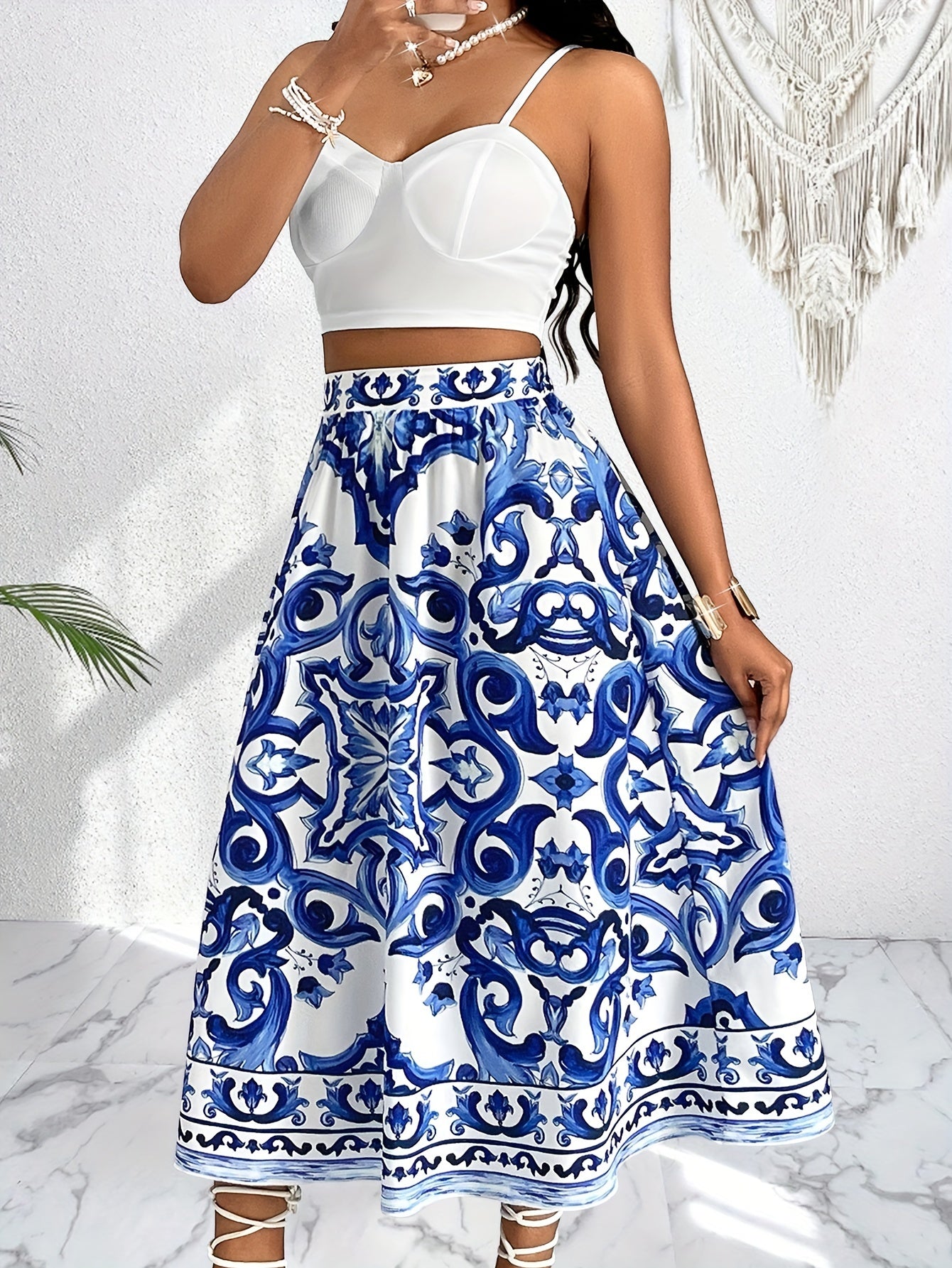 Blauw en Wit Rok Set | Zomerset dames | Elegante Rok en Top Set