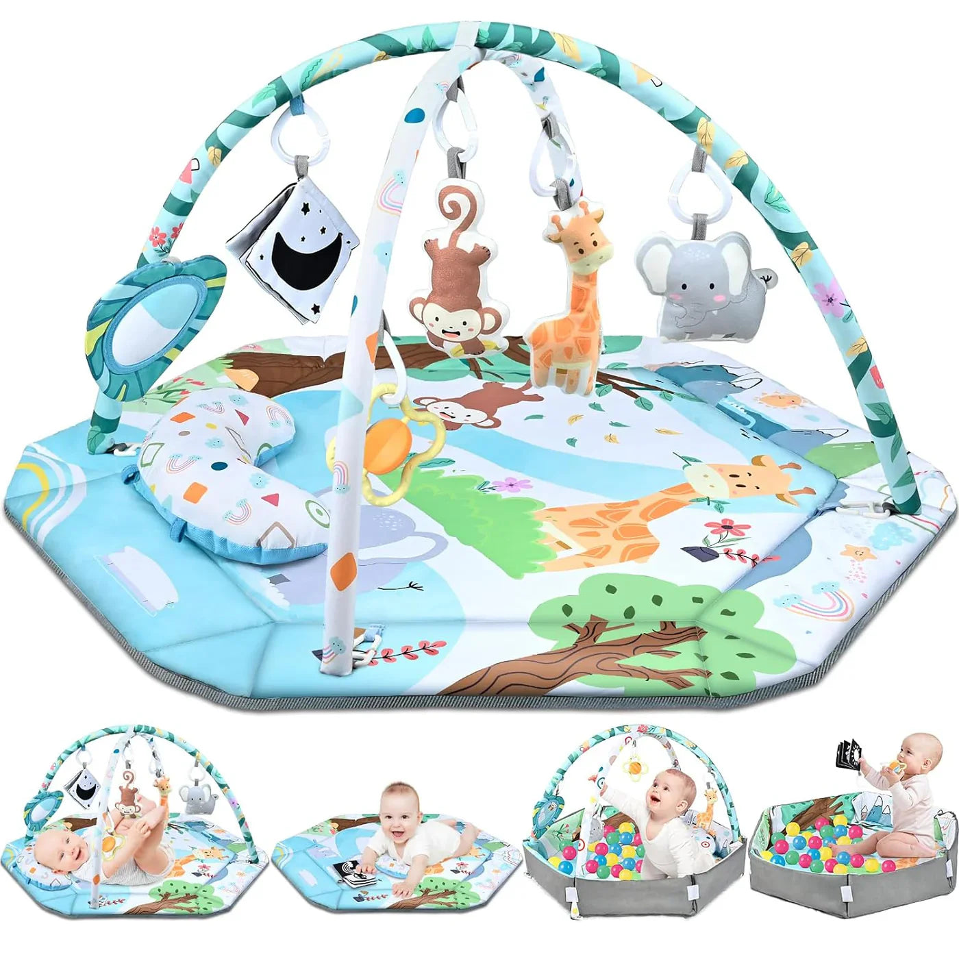 8-in-1 Baby Speelkleed met Ballenbak – Wasbare Baby Gym met Speeltjes voor Ontwikkeling & Buiktijd