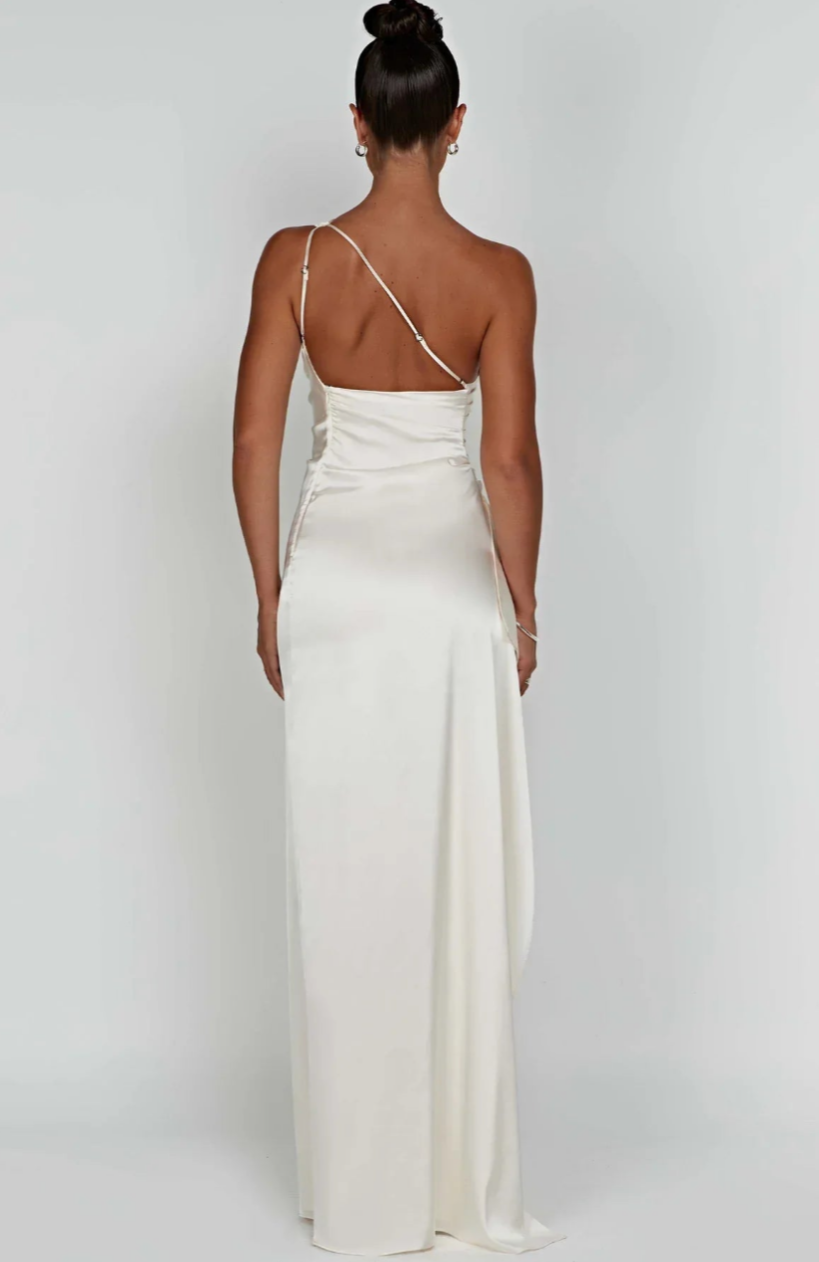 Eva | Geplooide Satijnen Dames Splitjurk met één schouder | Elegante Jurk