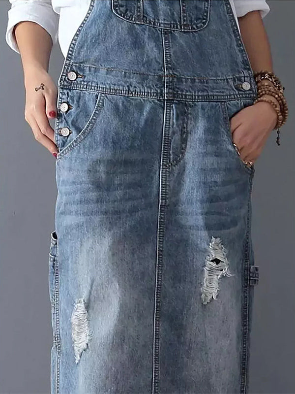 Rugslit Versleten Denim Dungaree Jurk