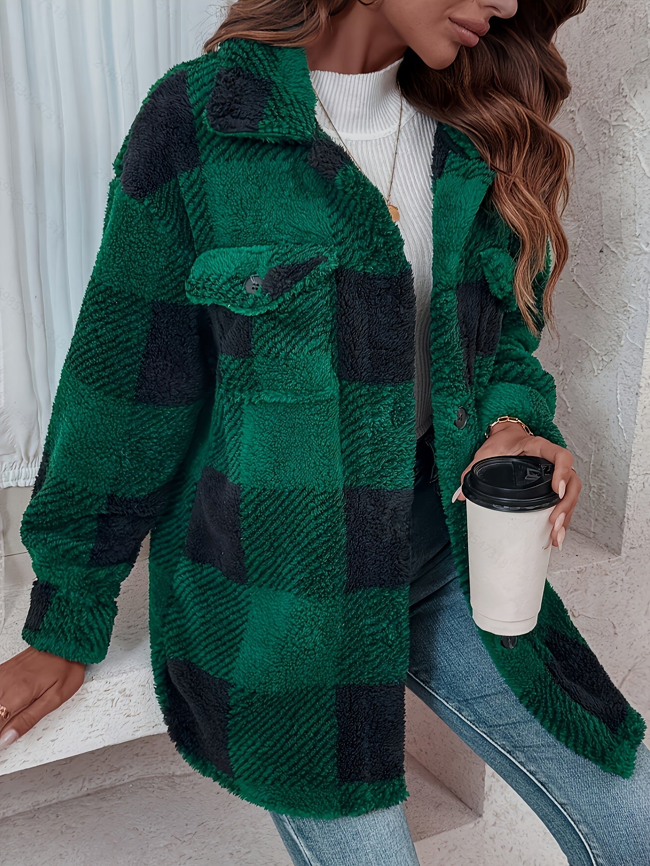 Visconte Dames Winterjas – Checkered Plush Coat met Hoge Elasticiteit, Machine-Wasbaar, Warme Jas voor Herfst & Winter