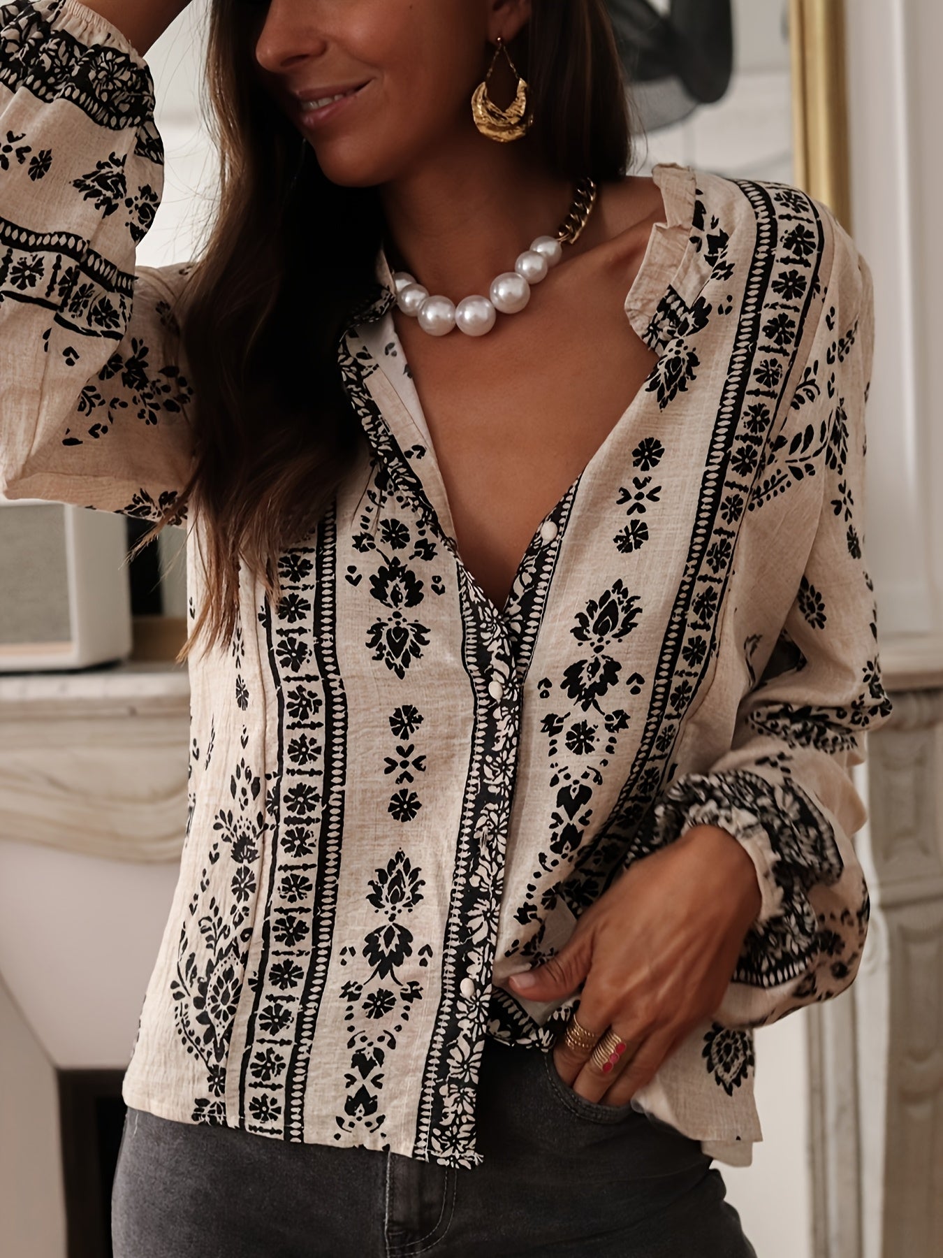 Beige printed Dames Blouse | Duurzaam - Must-Have - Stijlvol & Comfortabel - Lente/Zomer/Herfst