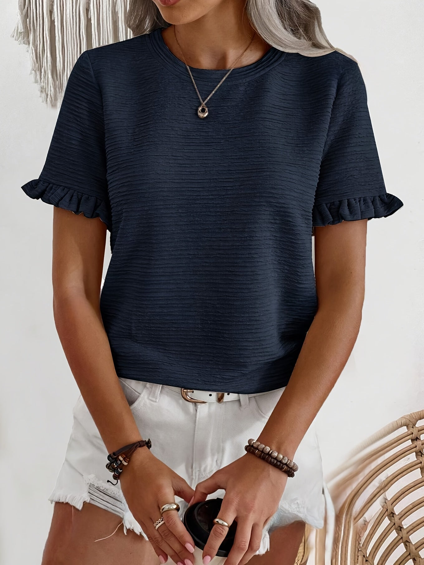 Korte Mouw T-shirt met Ruche | Dames Top in Effen Kleur - Ideaal voor Lente/Zomer