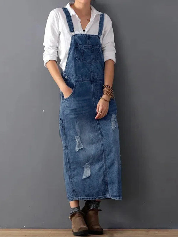 Rugslit Versleten Denim Dungaree Jurk