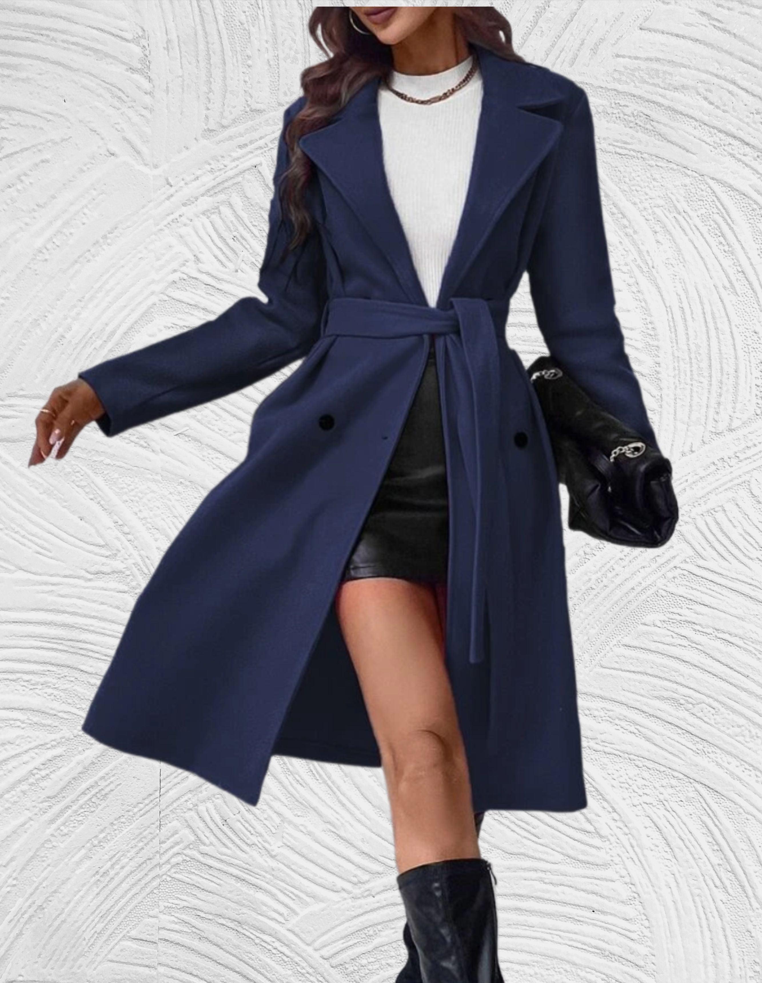 Julie - Long and oversized coat with button closure, chest pockets and tie belt